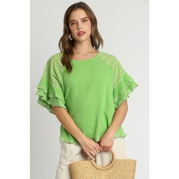 Umgee Cotton Gauze Round Neck Ruffle Eyelet Layered Sleeves Flowy Blouse | Lime - Picture 4 of 6